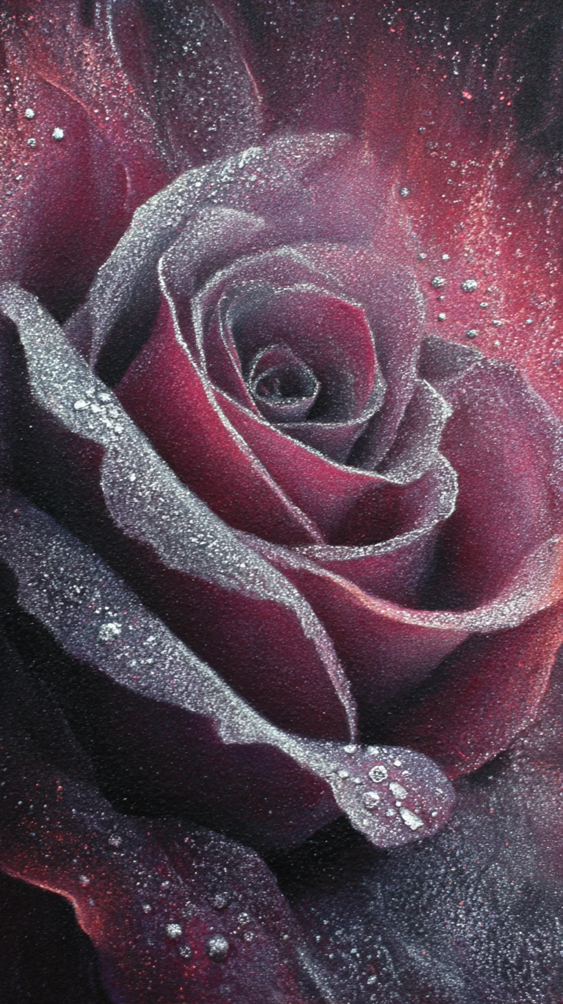 Gros plan d’une rose bordeaux au clair de lune avec rosée argentée métallique