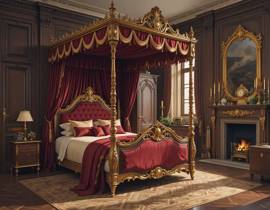 Lussuoso letto antico in una grandiosa camera da letto con tende di velluto