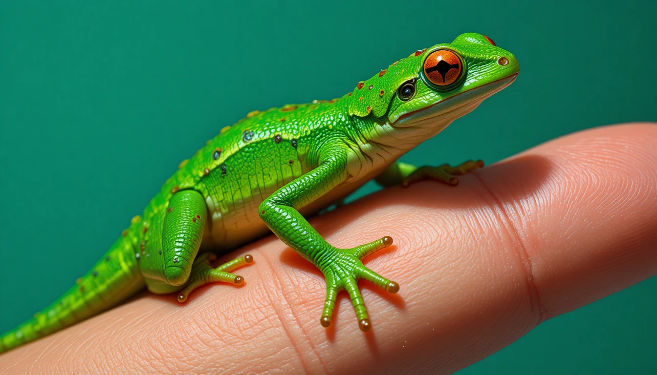 Saltamontes verde colgado boca abajo de un pulgar humano