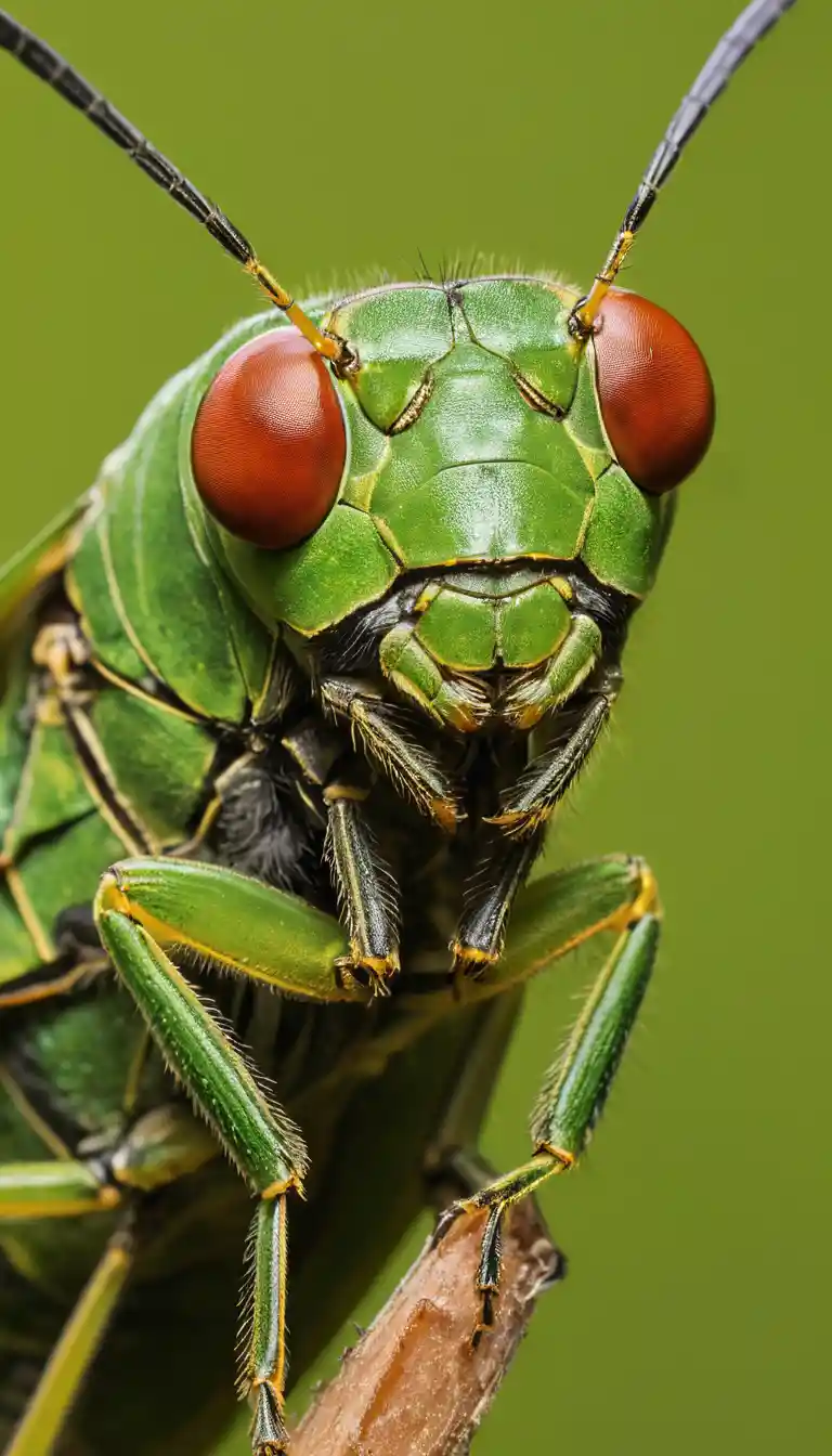 Makroansicht einer grünen Heuschrecke, die sich an menschlicher Haut festhält