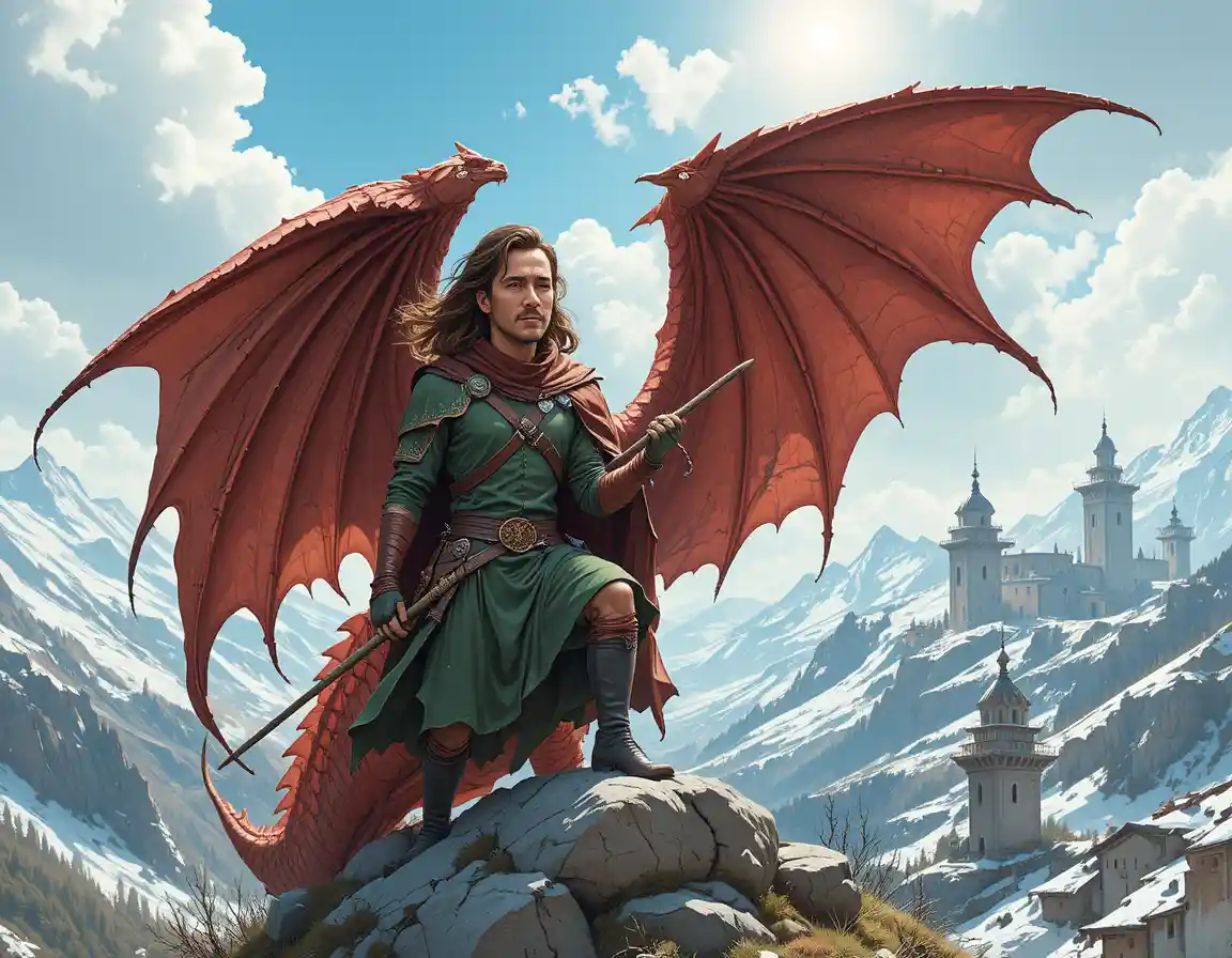 Caucasian warrior with red dragon in epic fantasy landscape