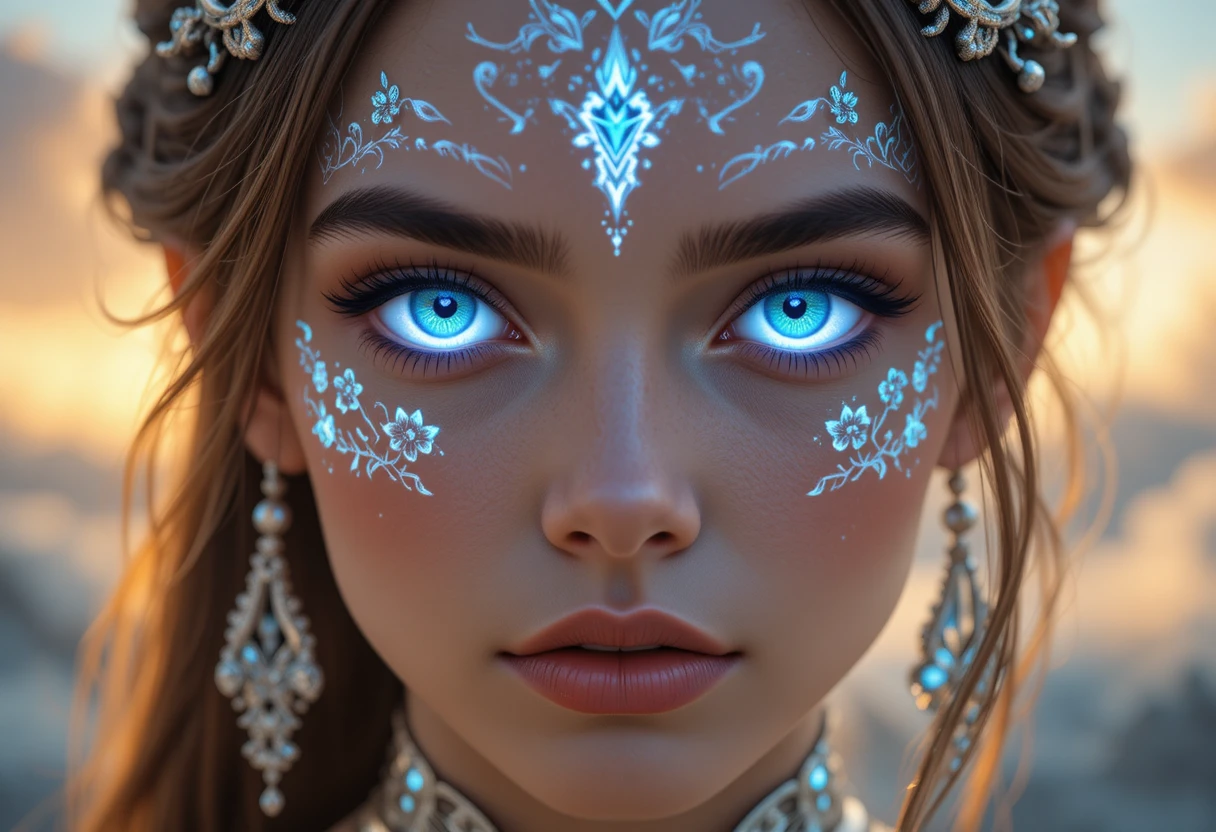Close up of glowing eyed fantasy goddess at golden hour