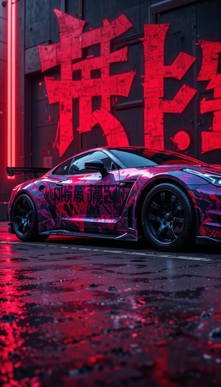 Auto sportiva personalizzata rossa e viola in una luce urbana drammatica