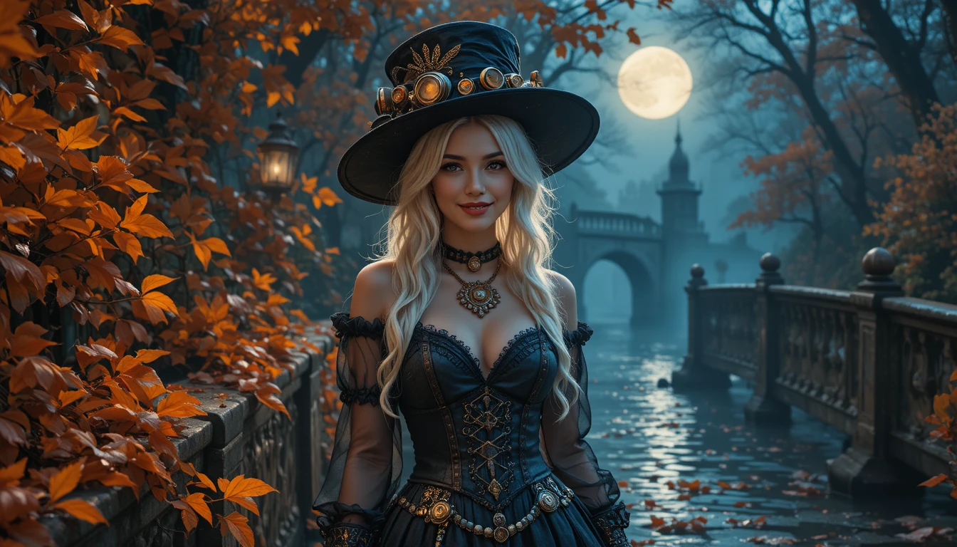 Femme steampunk souriant sur un pont de pierre en automne