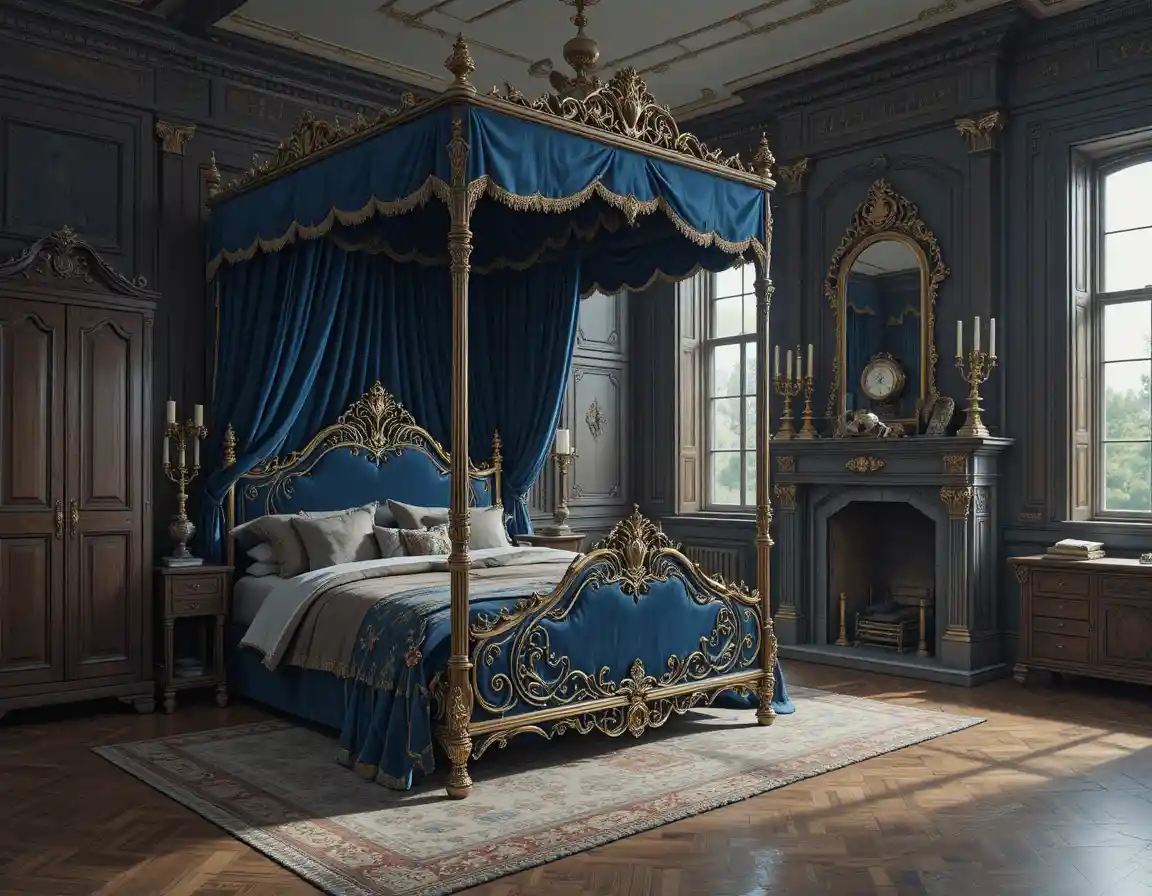 Lussuosa camera da letto antica con letto a baldacchino e caminetto