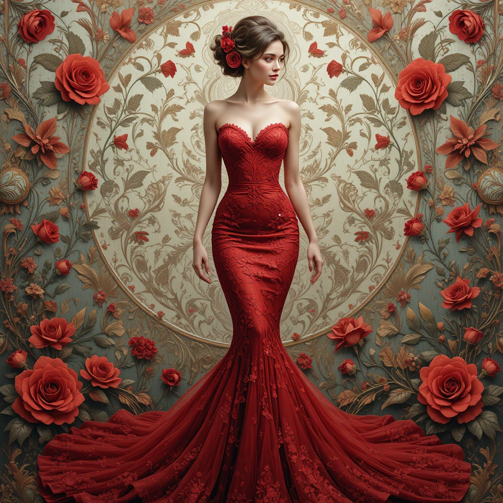 Mulher em vestido de renda vermelho diante de fundo floral ornamentado