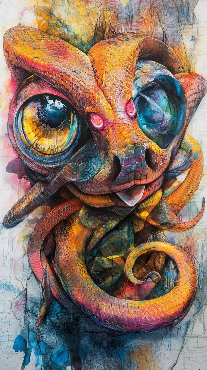 Serpiente abstracta con colores vibrantes y grandes ojos hipnóticos