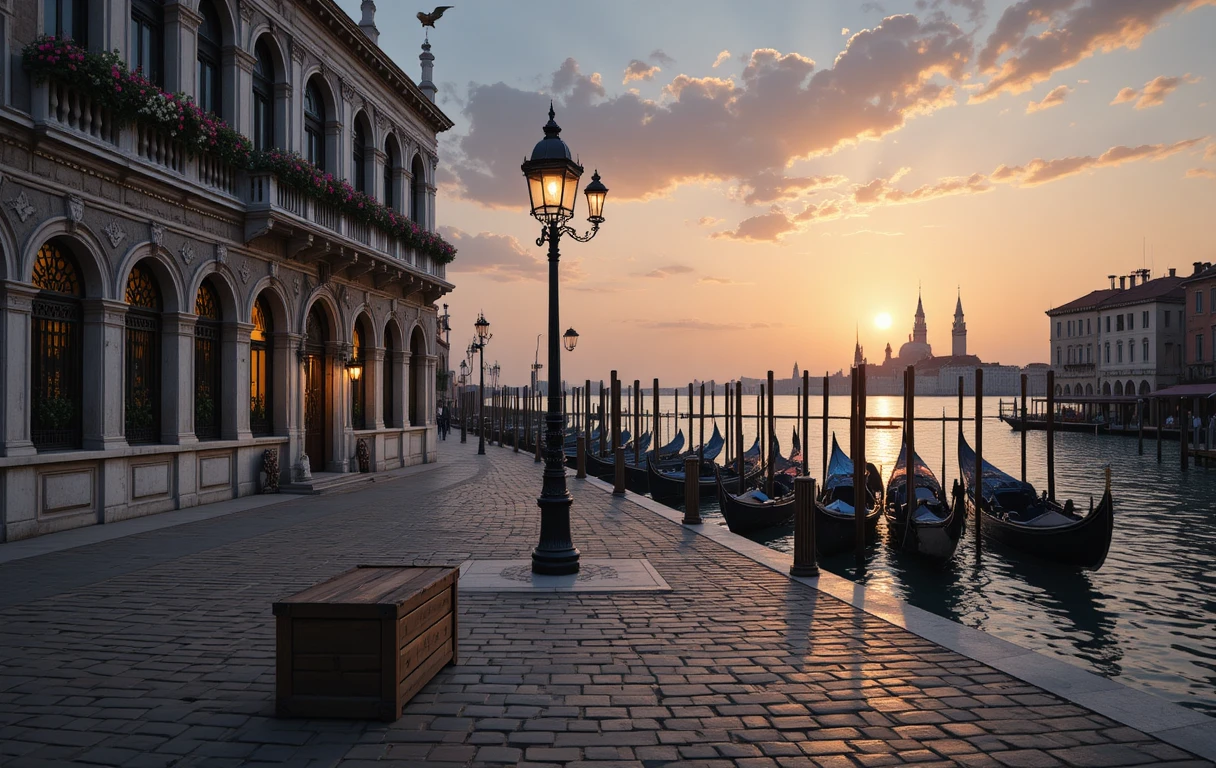 Venezianischer Kanal in der Dämmerung mit Gondeln und Laternenlicht
