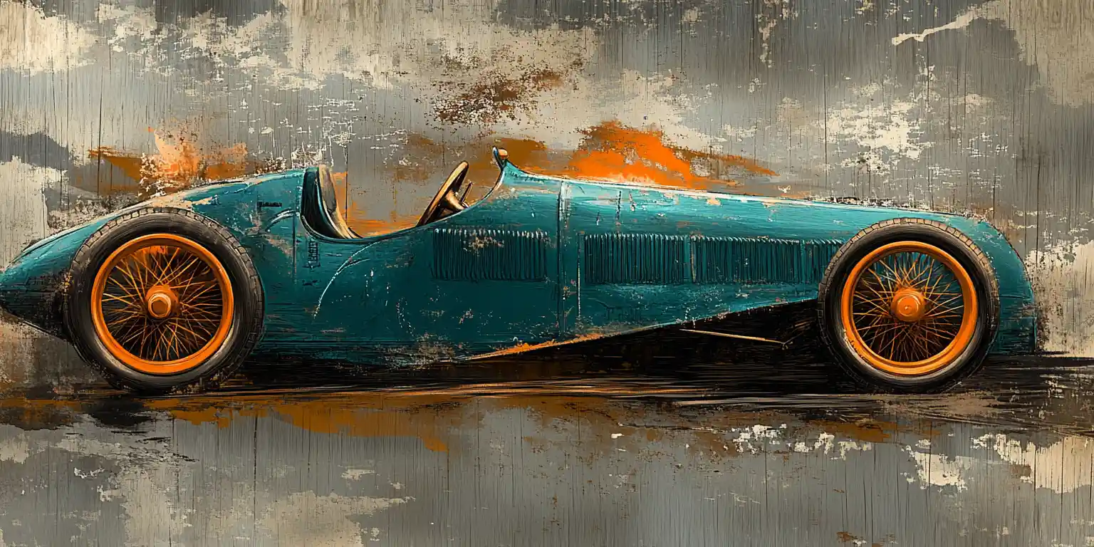 Illustrazione vintage di auto da corsa teal e arancione con texture