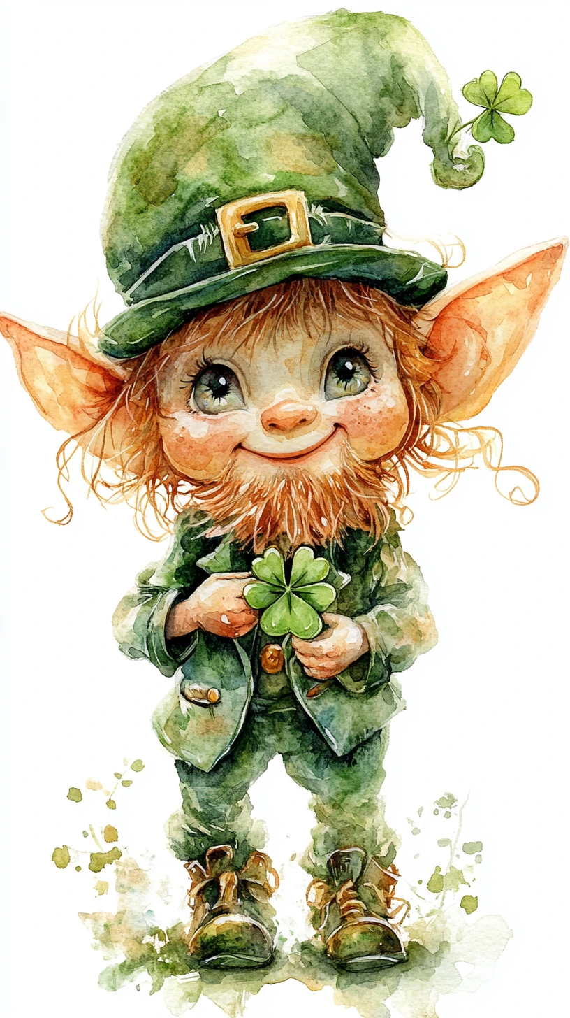 Leprecauno ad acquerello che tiene un piccolo trifoglio