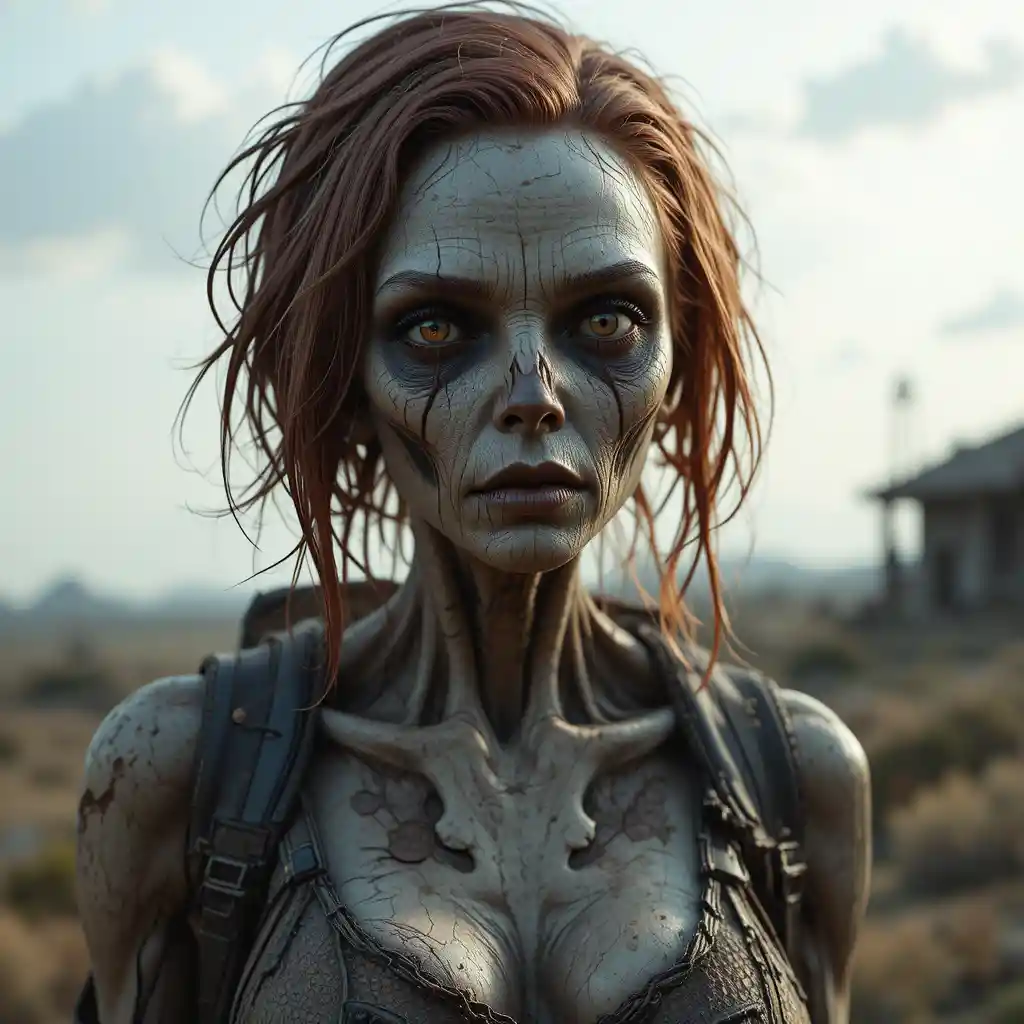 Female wasteland ghoul standing alone with backpack