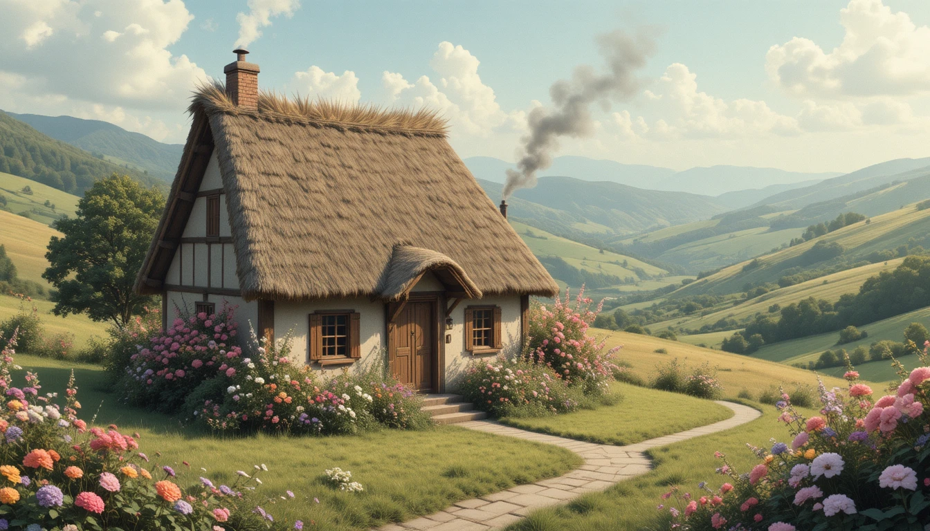 Verspieltes Cottage in sanften Hügeln mit blühendem Dach