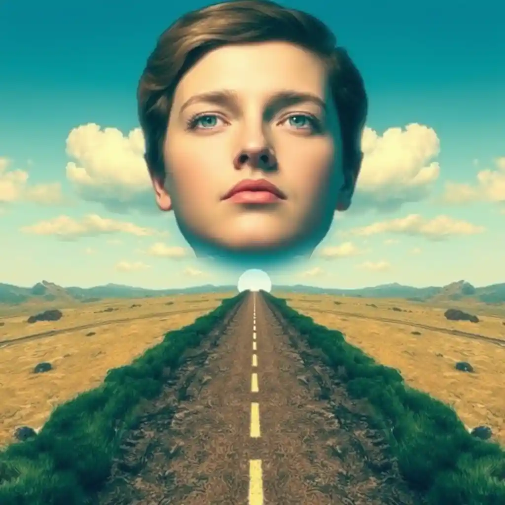 Surreales Gesicht, das sich in Landschaft und Tunnelillusion verwandelt