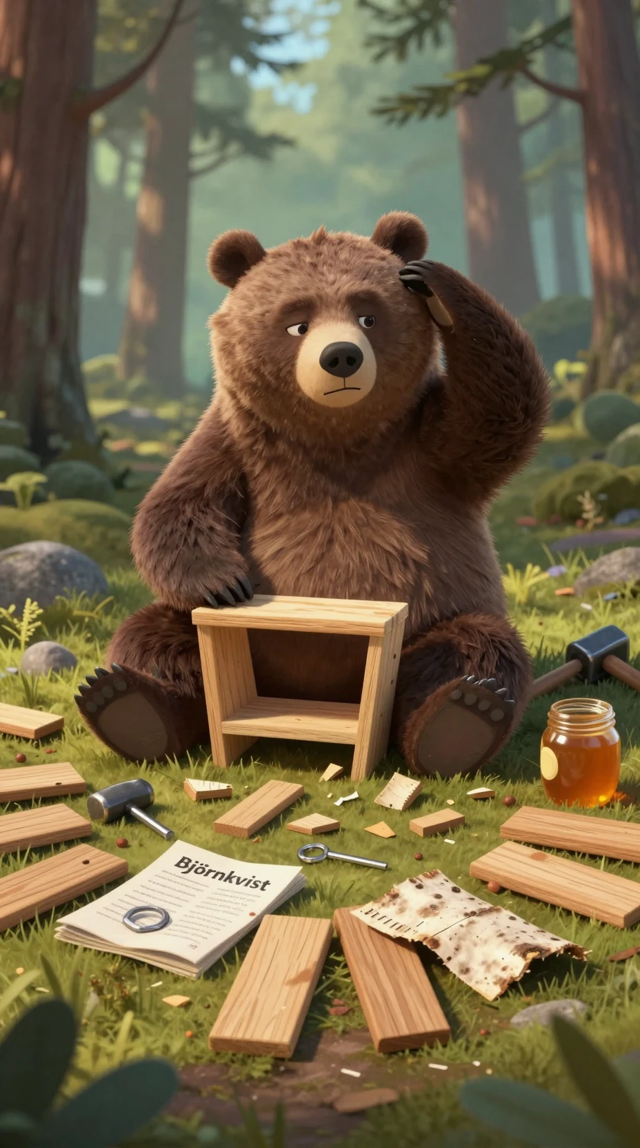 Frustrated Bear Assembling Bookshelf In A Quiet Forest