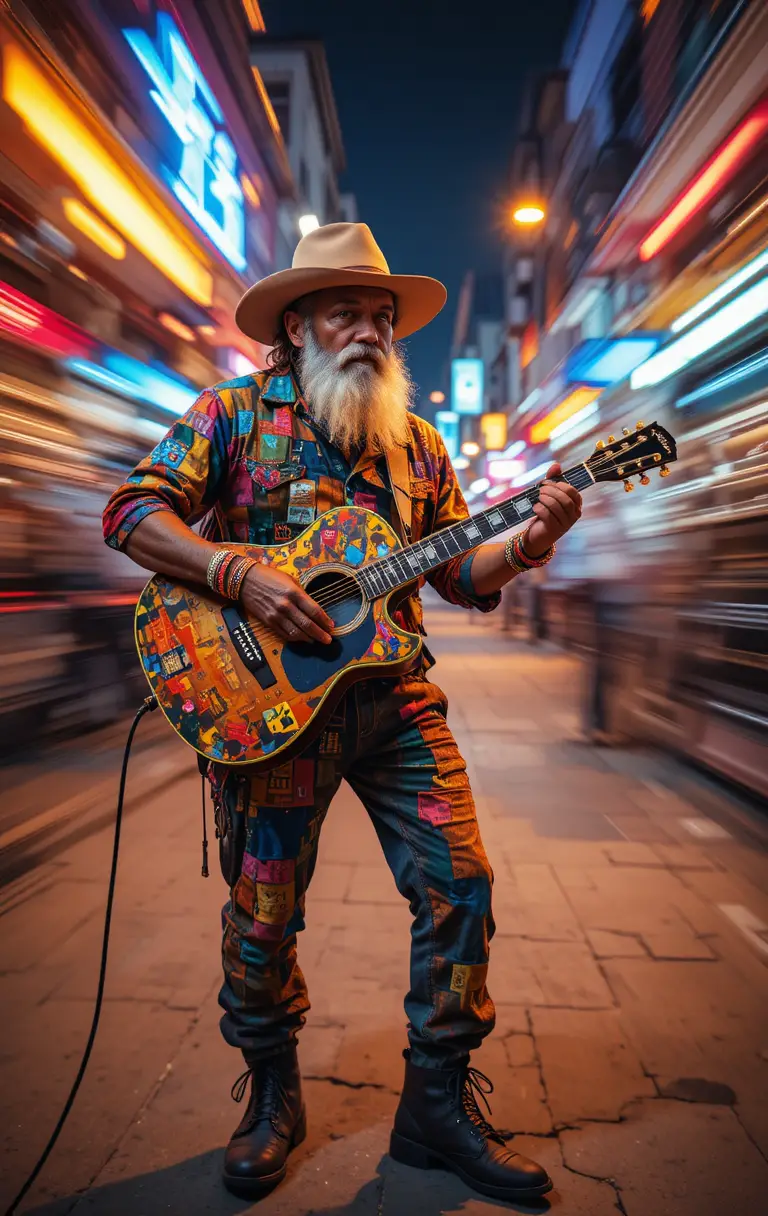 Velho músico de rua tocando violão colorido à noite