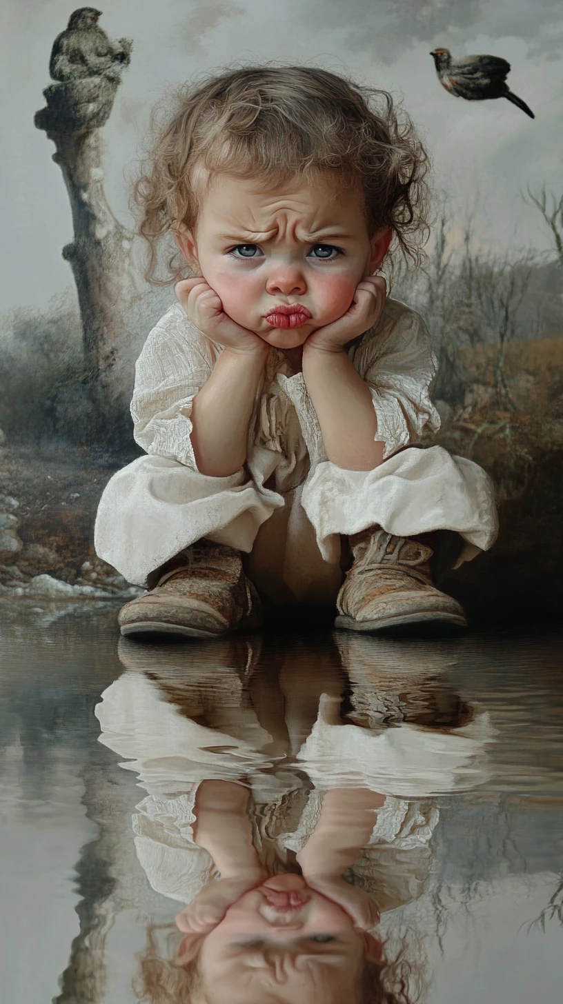 Surreal illusion of a pouting toddler in a layered collage scene