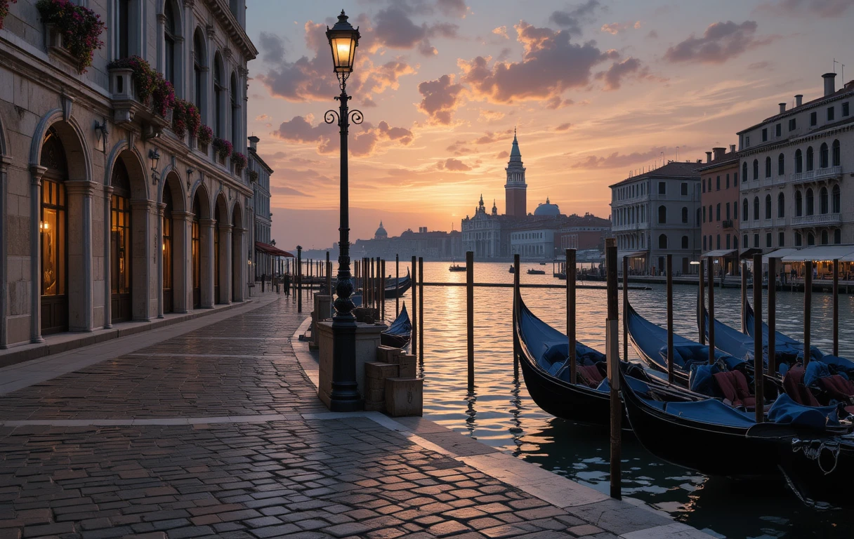 Venetian canal at dusk with lamppost and moored gondolas