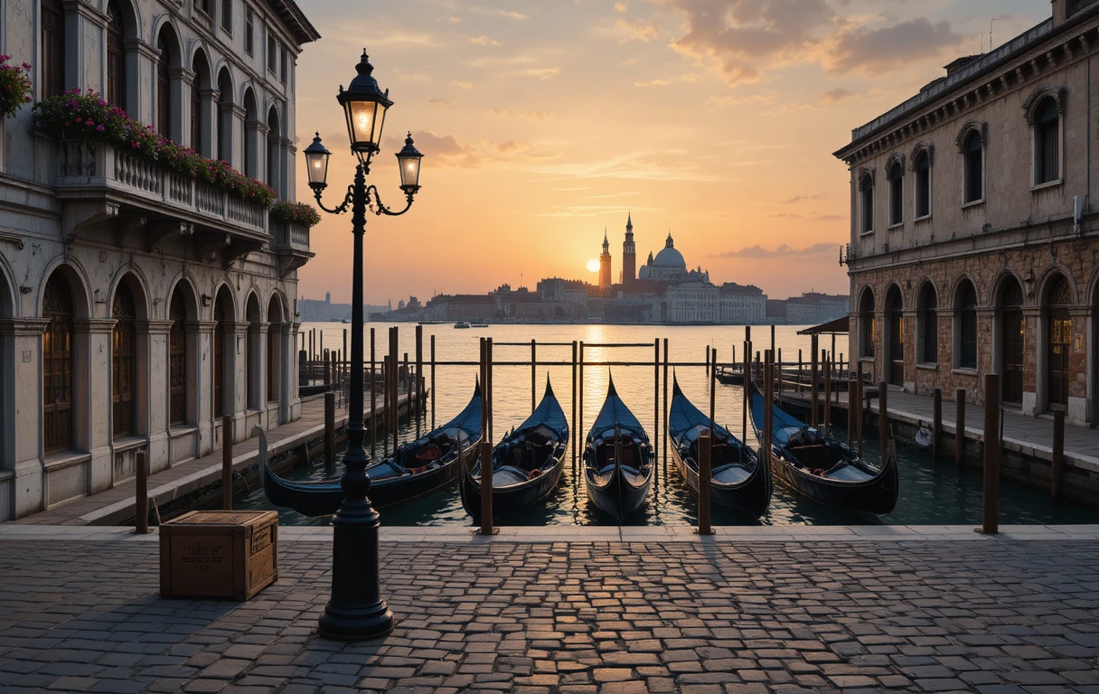 Venetian canal at dusk with glowing streetlamp and gondolas