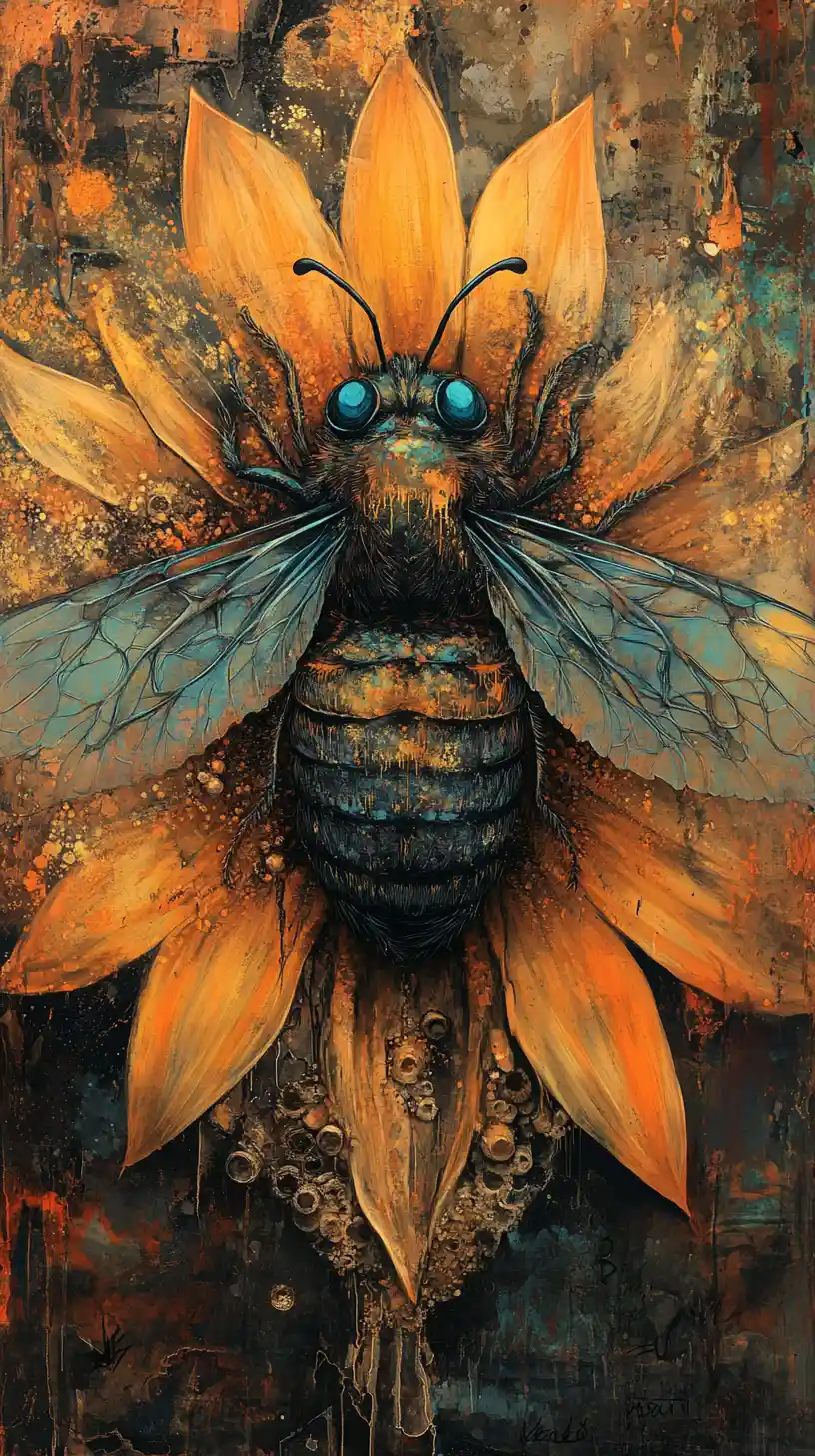 Surreal bee on sunflower in psychedelic mixed media