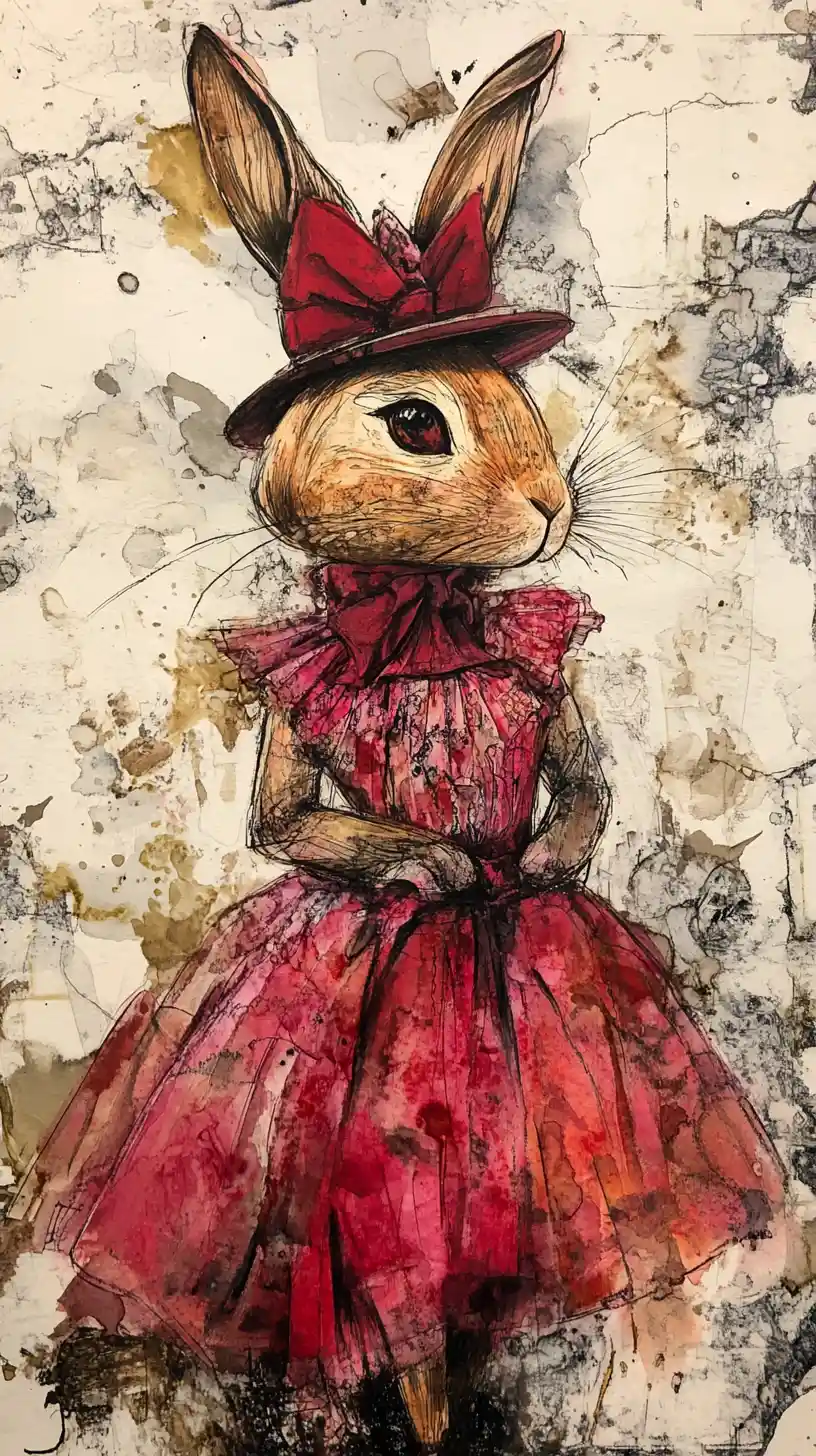 Lapin Fantaisiste en Robe Avant-Garde avec Chapeau Assorti
