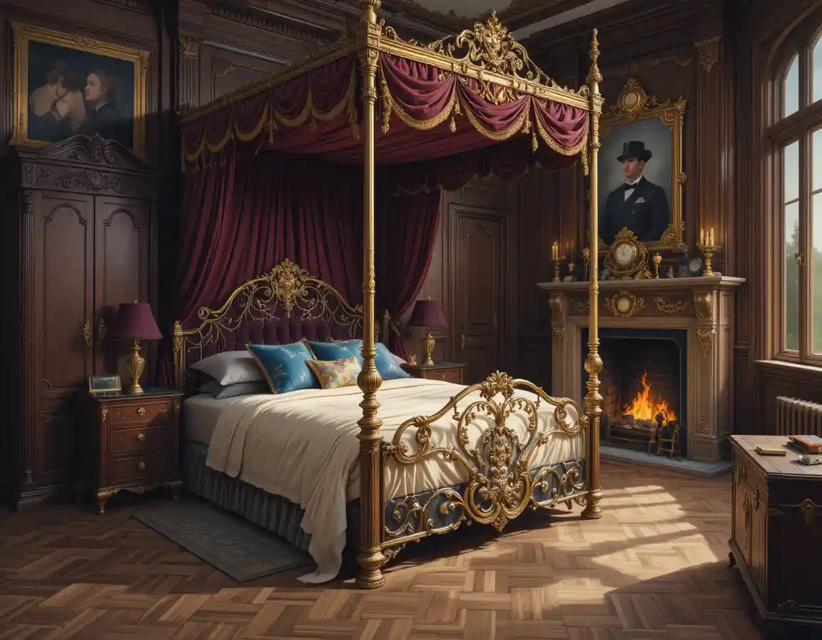 Sontuoso letto a baldacchino antico in una maestosa camera da letto in legno