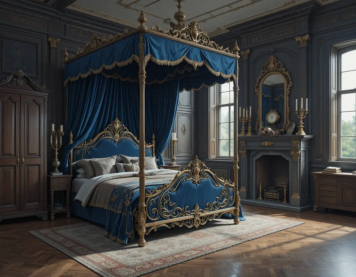 Lussuosa camera da letto antica con letto a baldacchino e caminetto
