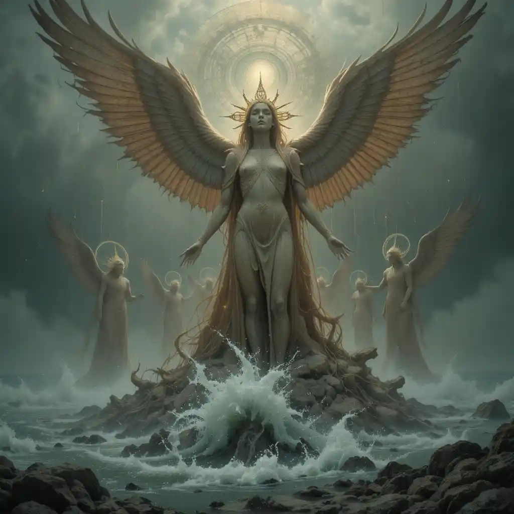 Vigilantes angélicos surgindo de um oceano de fantasia sombria