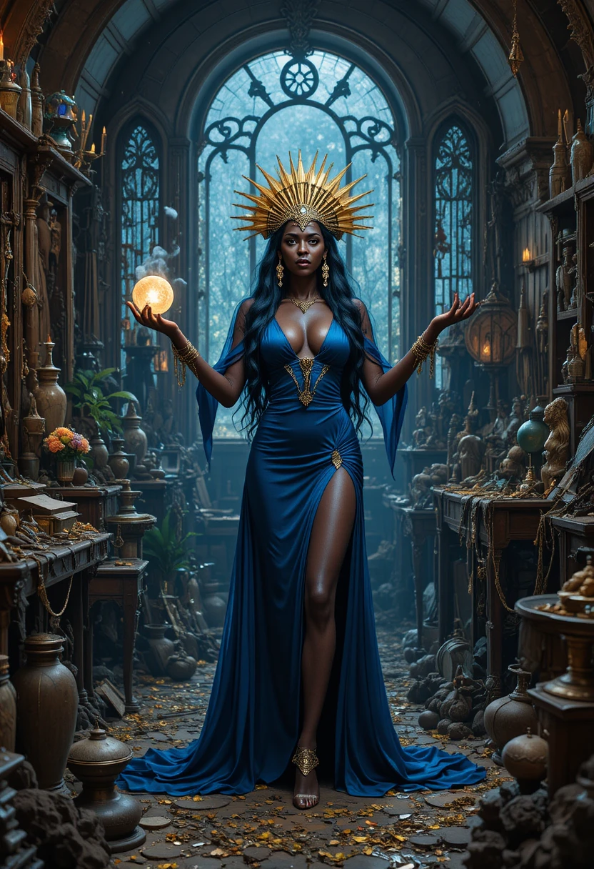 Dark skinned sorceress casting a spell in a relic filled room