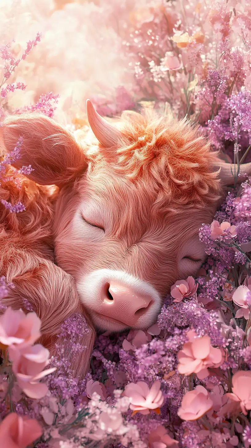 Schlafendes flauschiges Kalb in einem Bett aus zarten Blumen