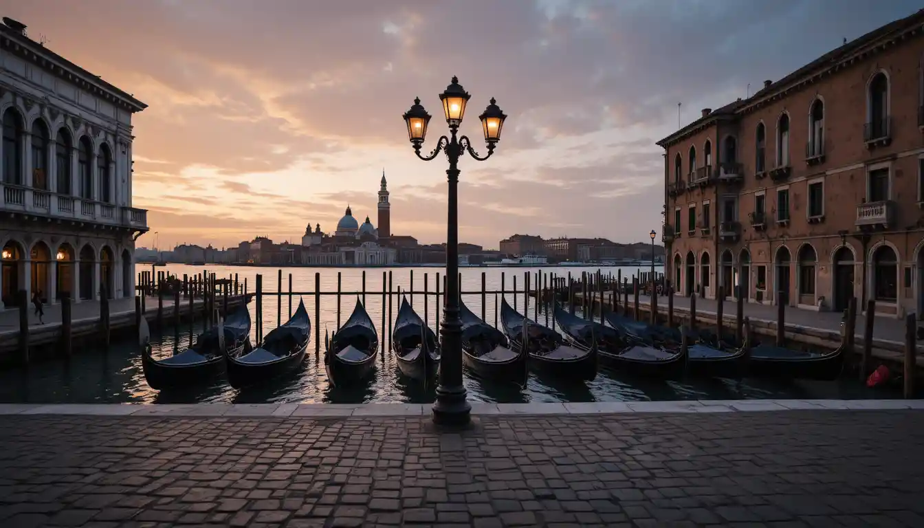 Venetian canal at dusk with gondolas and glowing lamppost