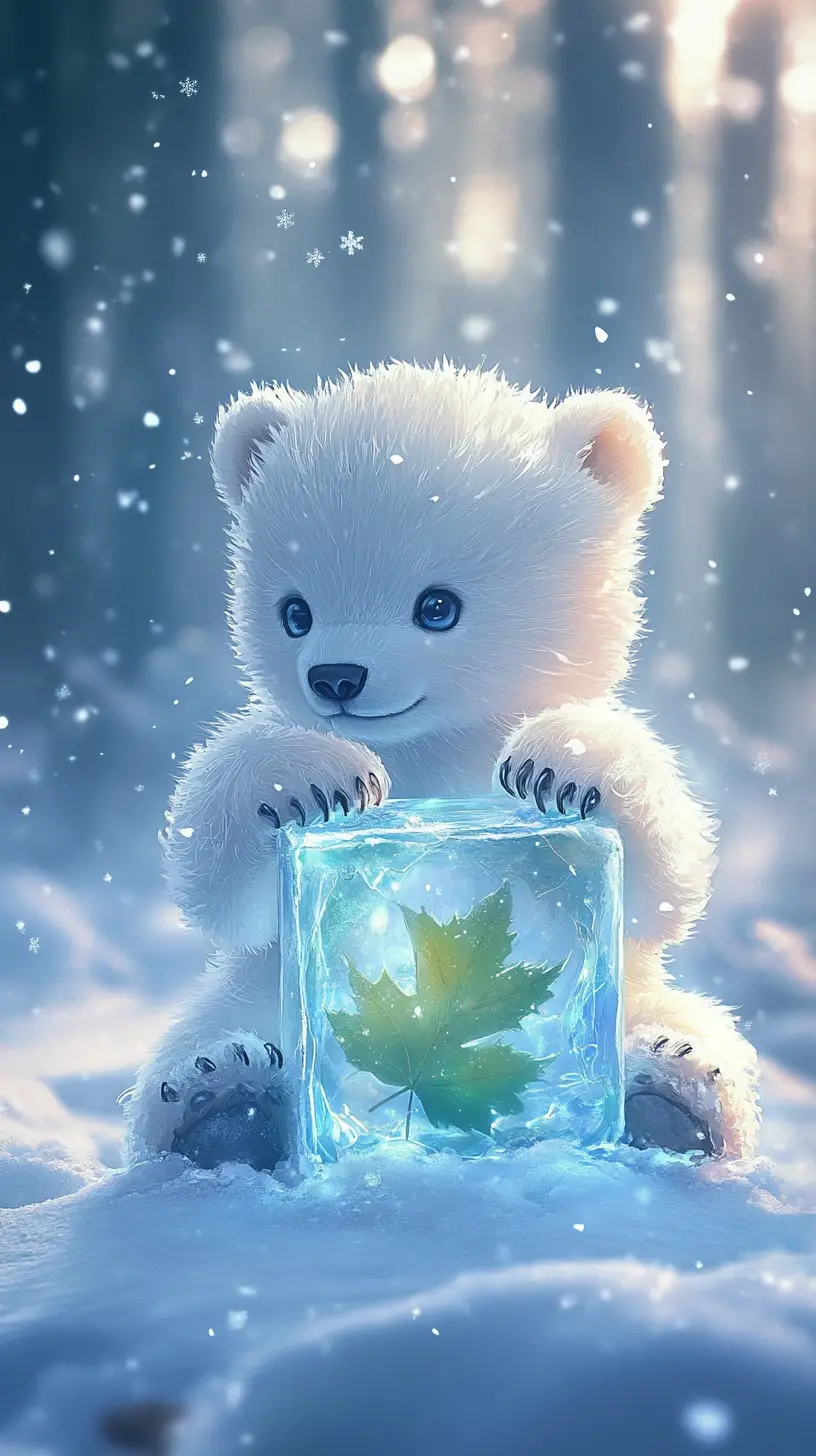 雪林中抱著冰塊的可愛北極熊寶寶