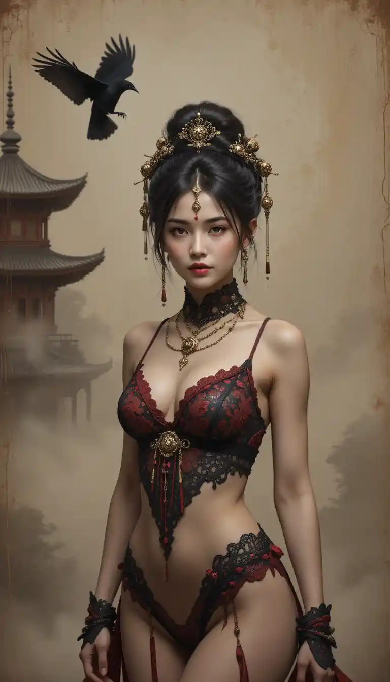 Elegant fantasy portrait of an Asian woman in lace lingerie