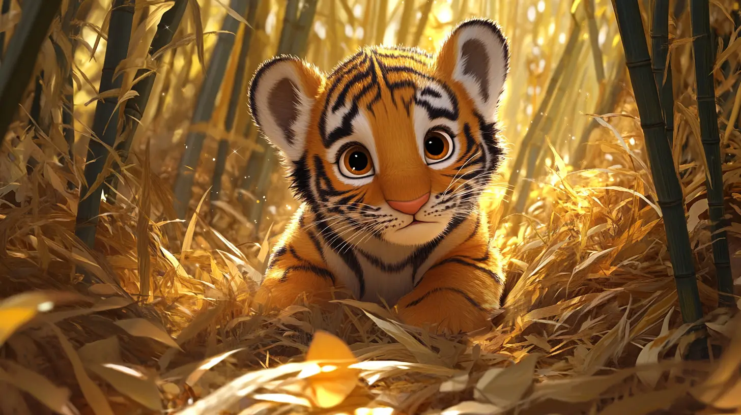 Cucciolo di tigre tra erbe dorate della foresta illustrazione ad acquerello