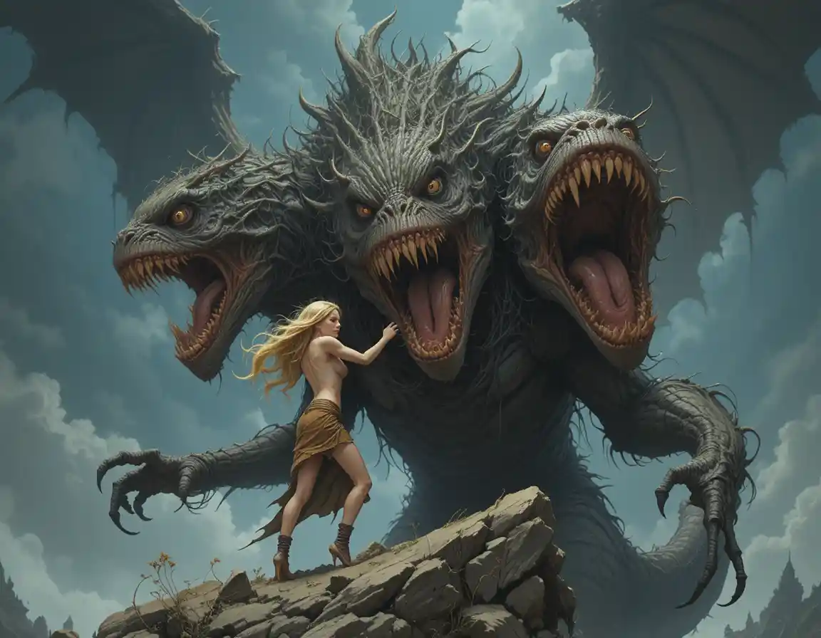 Blonde girl riding a three headed monster under storms