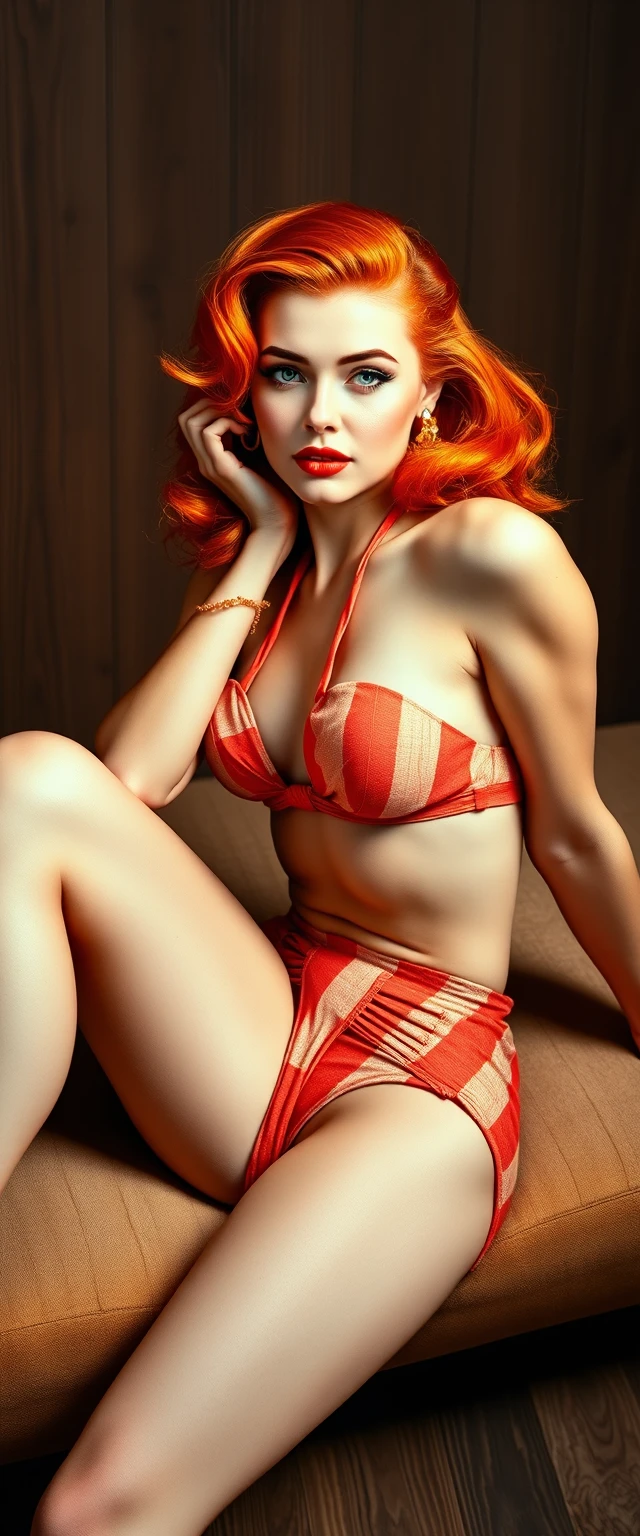 Red haired pin up woman posing on vintage studio ottoman