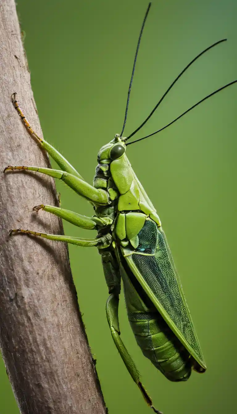 Cavalletta verde appesa a testa in giù sulla pelle umana