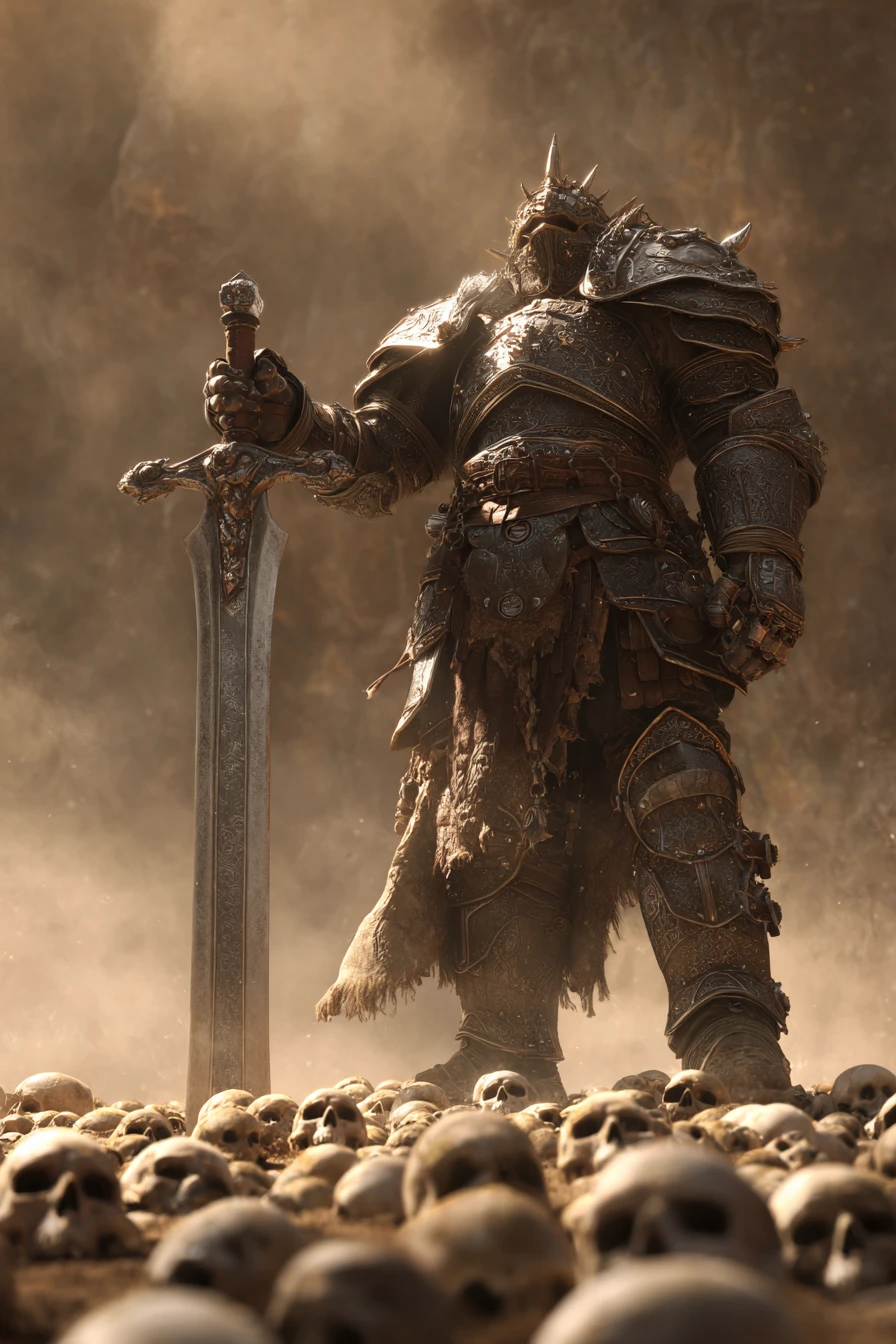 Paladin-Krieger steht auf einem von Schädeln übersäten Schlachtfeld im Nebel