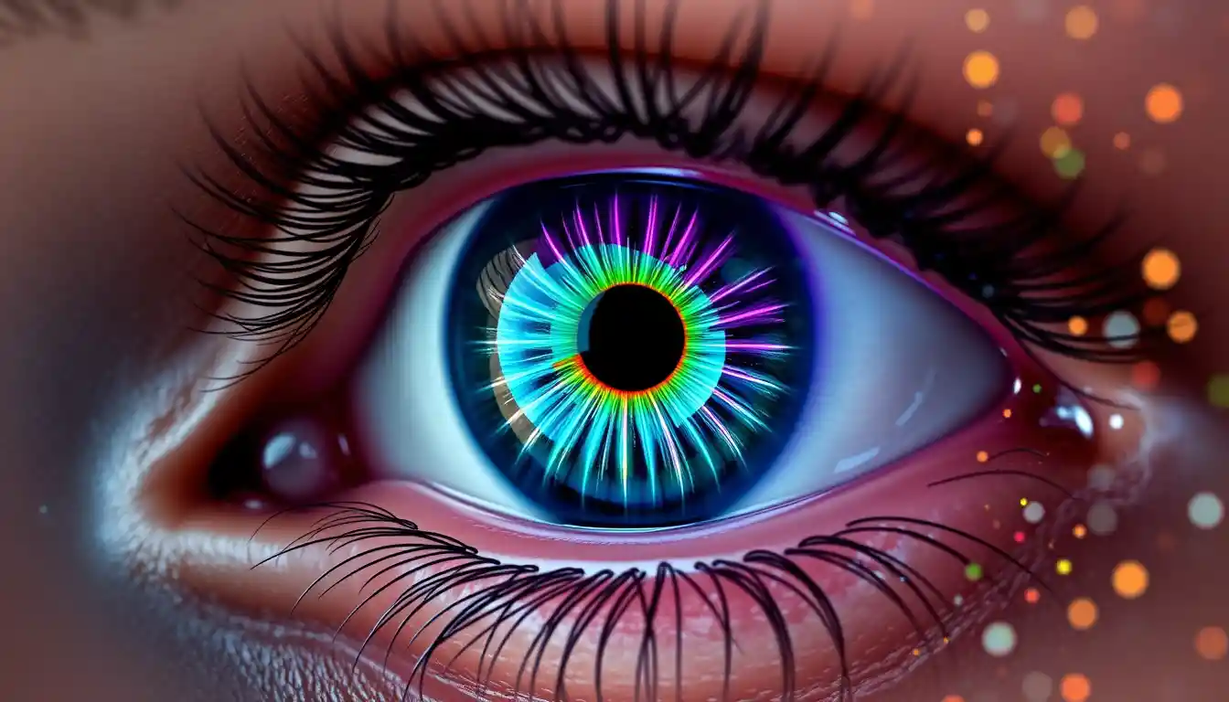 Close-up macro surreal de um olho humano com cores cósmicas