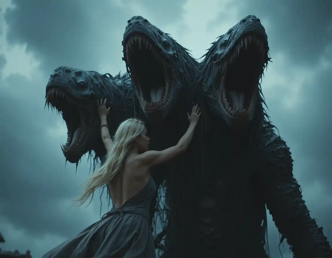 Blonde girl riding three headed monster under stormy sky