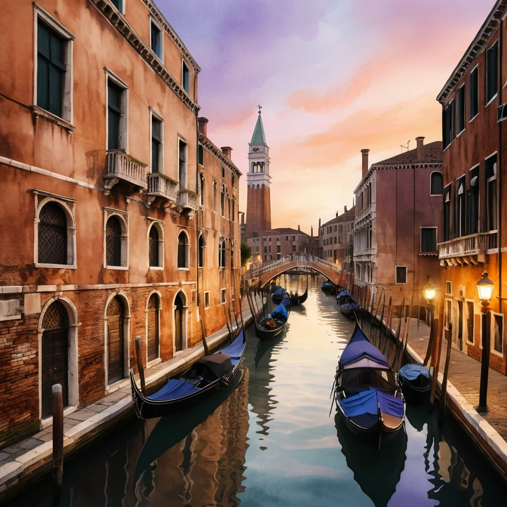 Venetian canal at dusk with gondolas and glowing lamppost