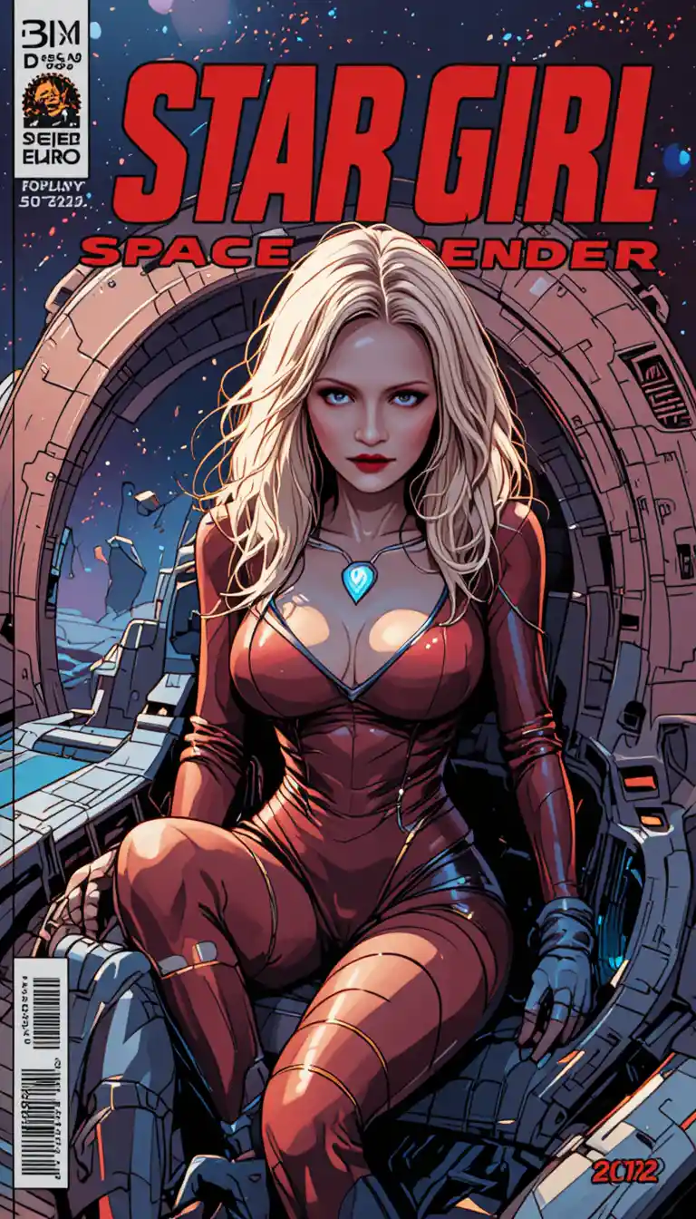 Anime space pilot girl in a retro sci fi comic cover