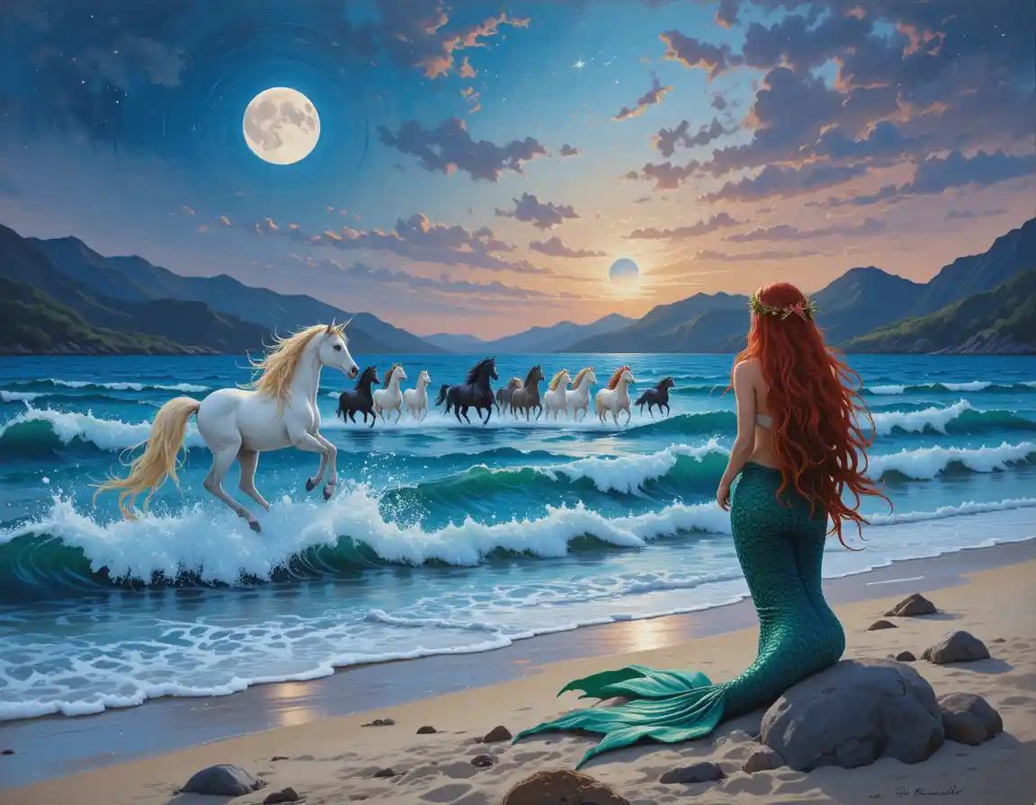 Mermaid On The Beach Watching A Unicorn At Twilight