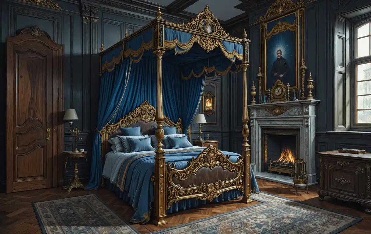 Lussuosa camera da letto d’epoca con letto a baldacchino decorato e camino