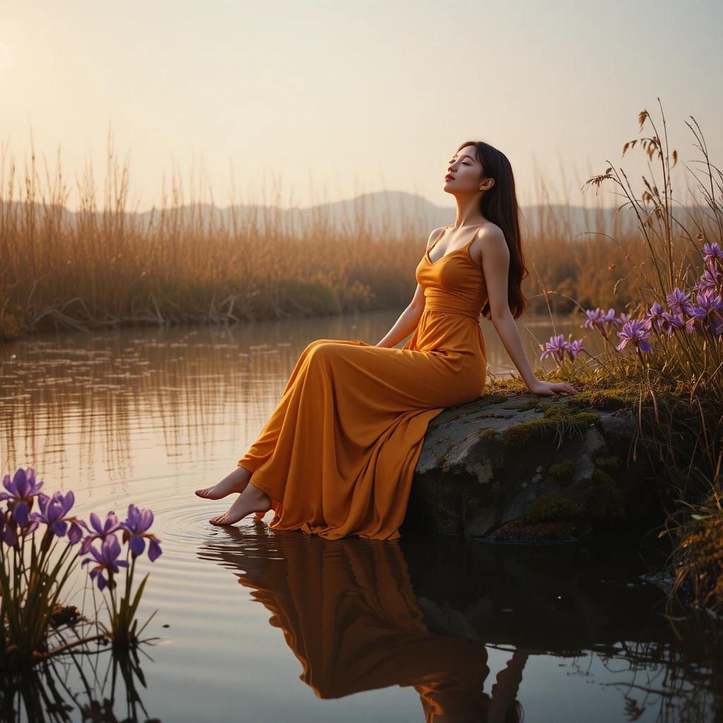 Young woman in amber gown by a still morning lake
