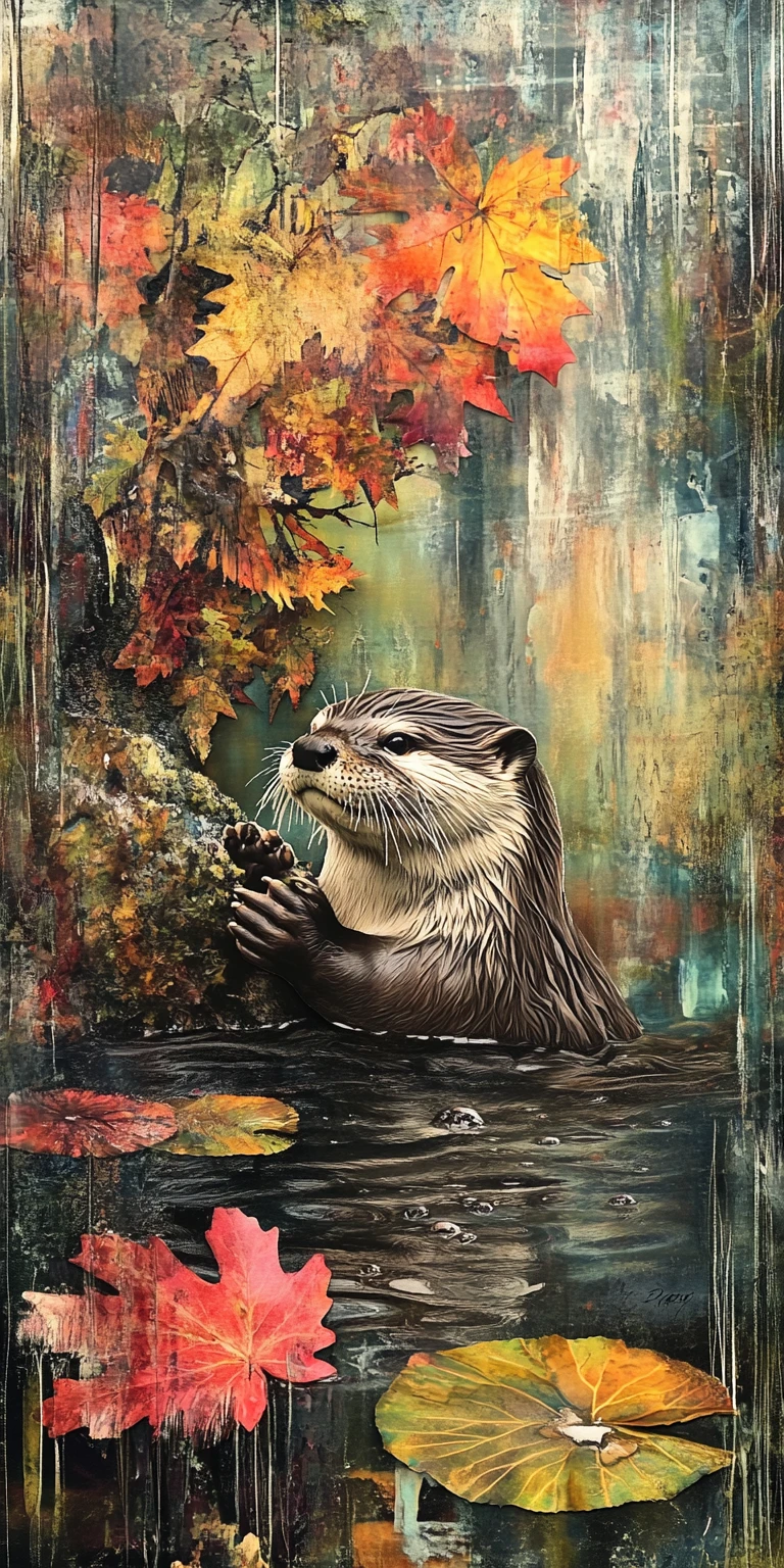 Collage surreale di lontra fusa con stagno, alberi e pioggia