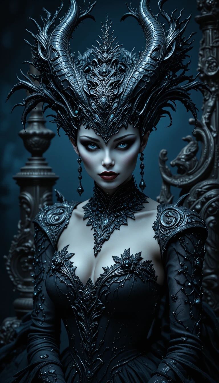 Demonic queen on baroque throne in dark fantasy portrait