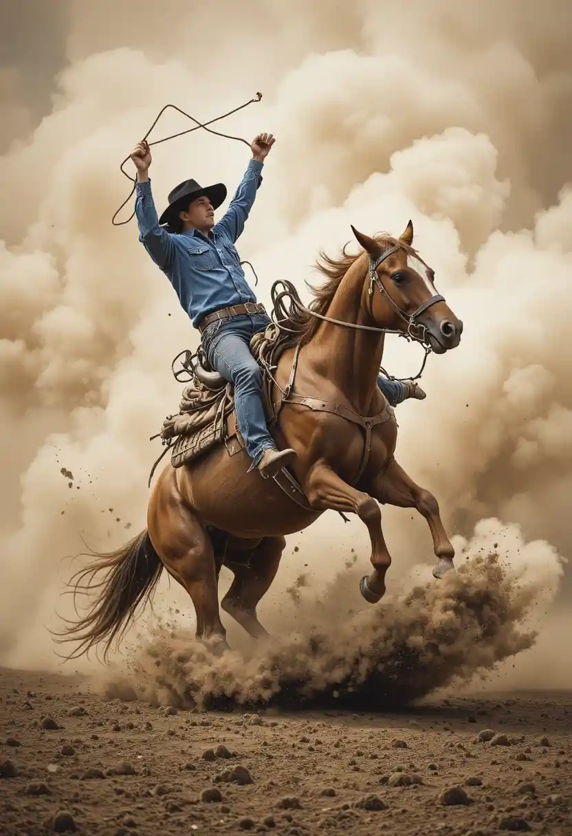 Cowboy sbalzato da un bronco imbizzarrito in una polverosa arena da rodeo