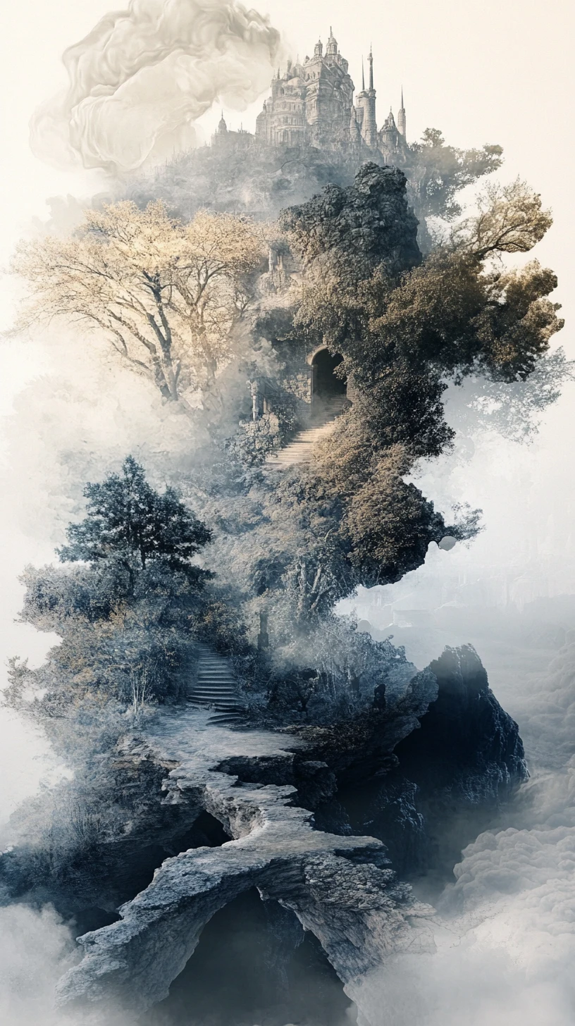 Paysage fantastique surréaliste en double exposition aux réalités changeantes