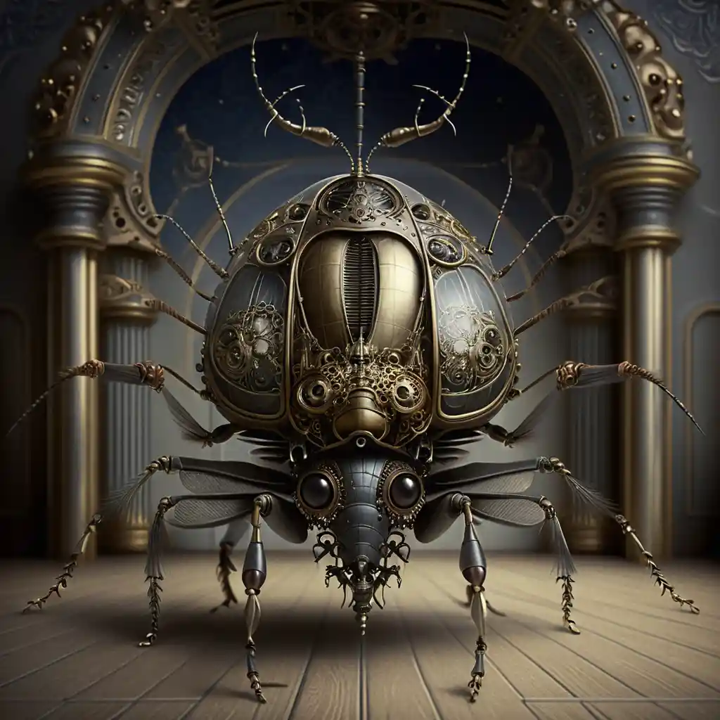 Scarabée Mécanique Steampunk dans une Somptueuse Salle Victorienne