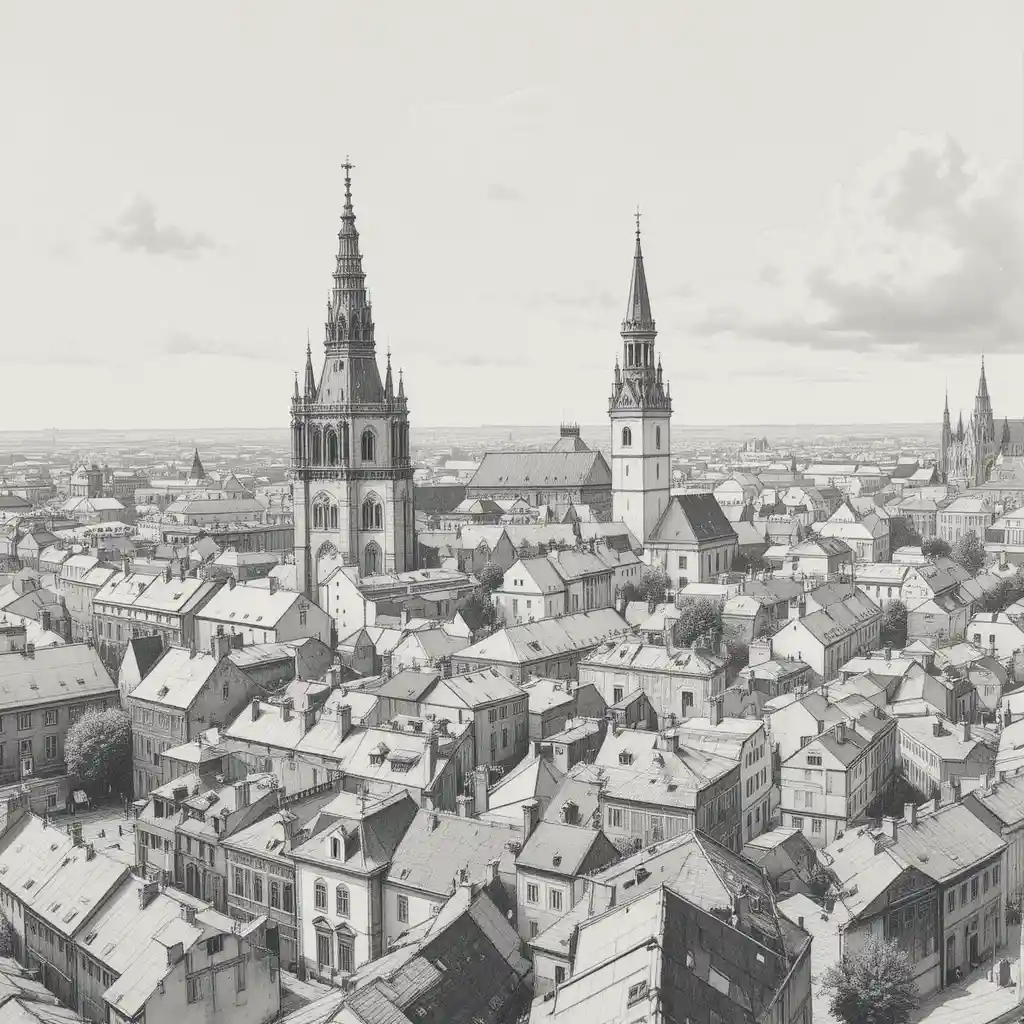 Graphite cityscape of historic Prague with church towers